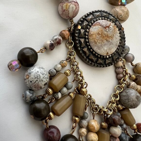 Genuine Gemstone Jasper Mixed Beaded Statement Costume Artisan Estate Necklace - Picture 3 of 12